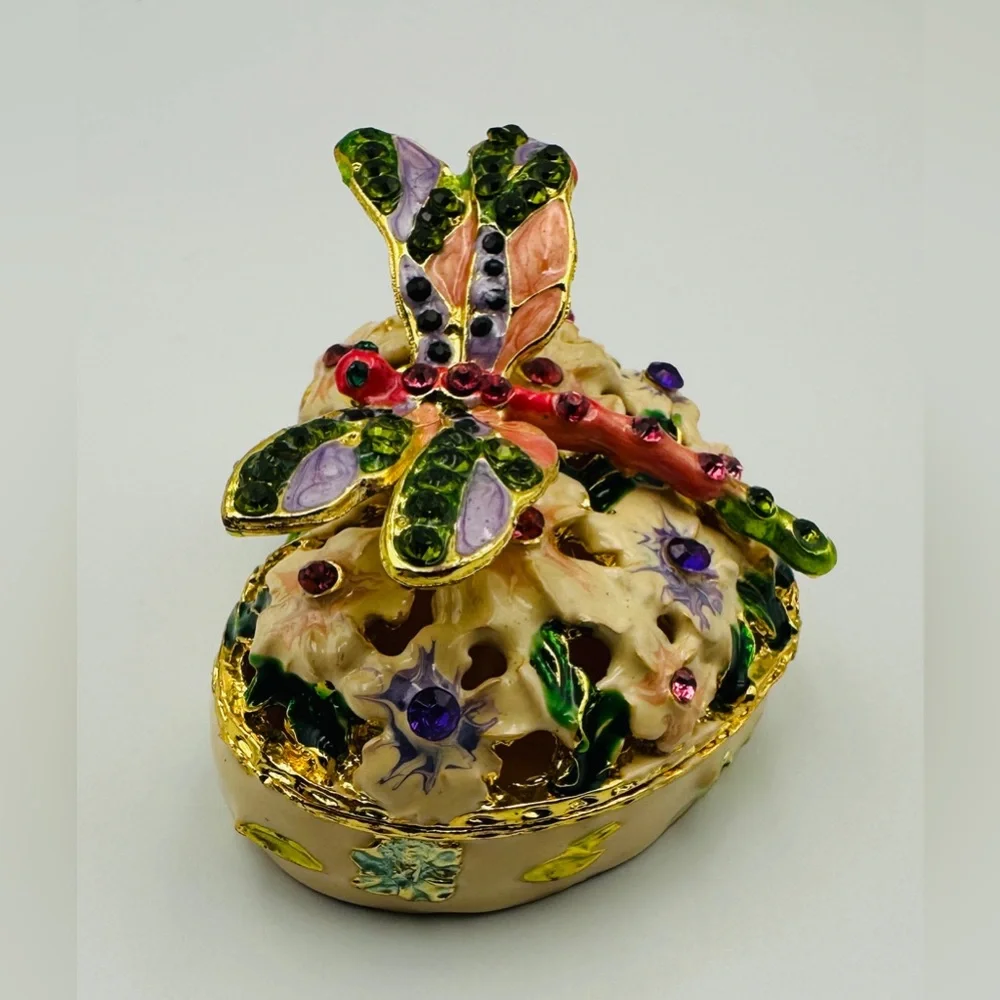 Heart Shape Floral Hinged Trinket Box With Colorful Crystal Jeweled Dragonfly